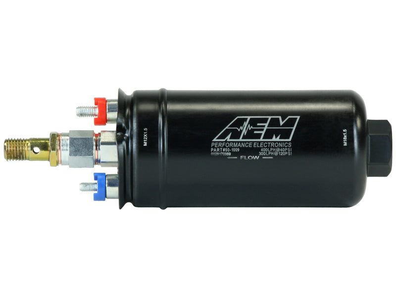 Load image into Gallery viewer, AEM 400LPH High Pressure Inline Fuel Pump - M18x1.5 Female Inlet to M12x1.5 Male Outlet
